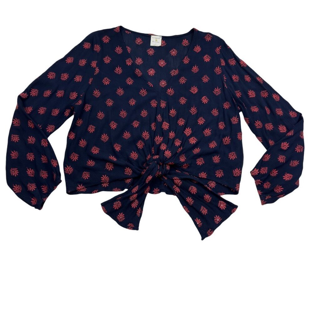 By Together All Over Floral Embroidered Tie Front Long Sleeve Blouse Women's L
